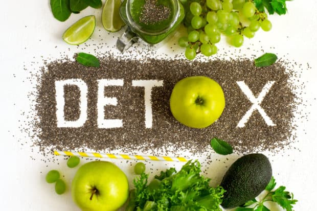 Tischplatte in der Mitte steht das Wort DETOX, darüber und darunter grünes Gemüse und Obst